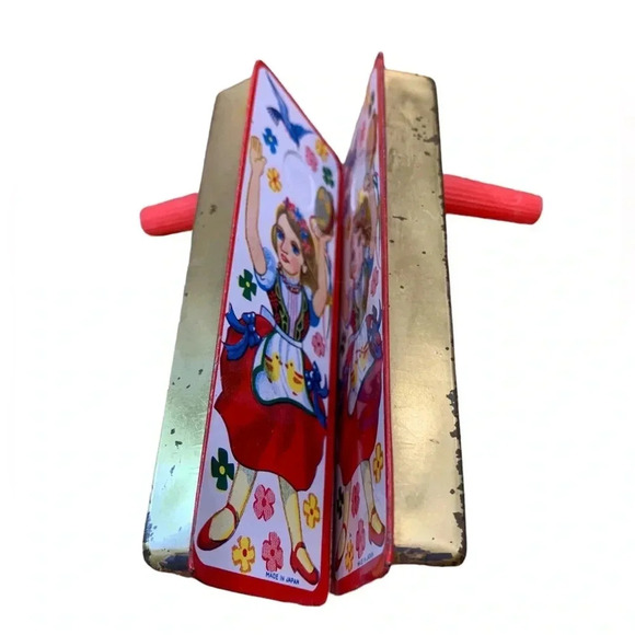 Set of 2 vintage tin New Years Eve noise makers ratchet Japan lady in dirndl - Picture 2 of 4